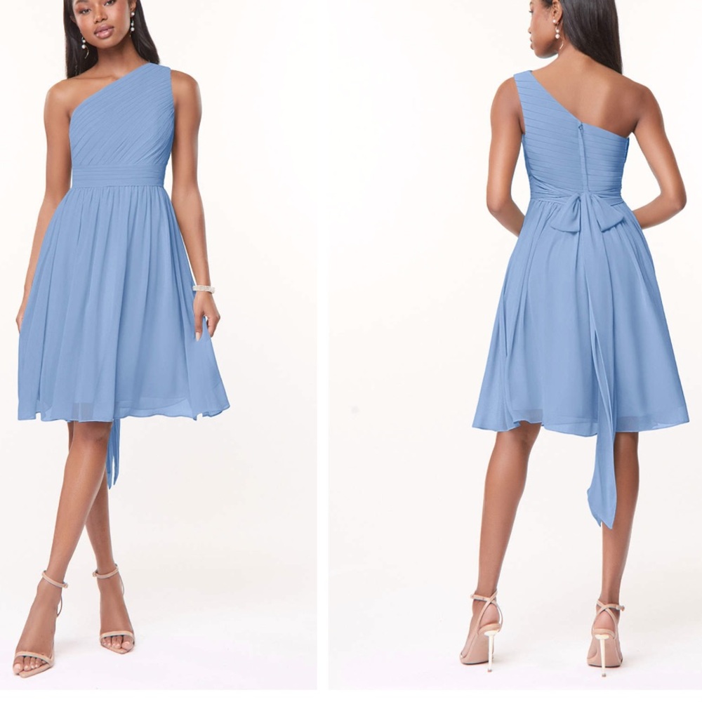 AZAZIE KATRINA Steel Blue A-Line One Shoulder Chiffon Dress size 16